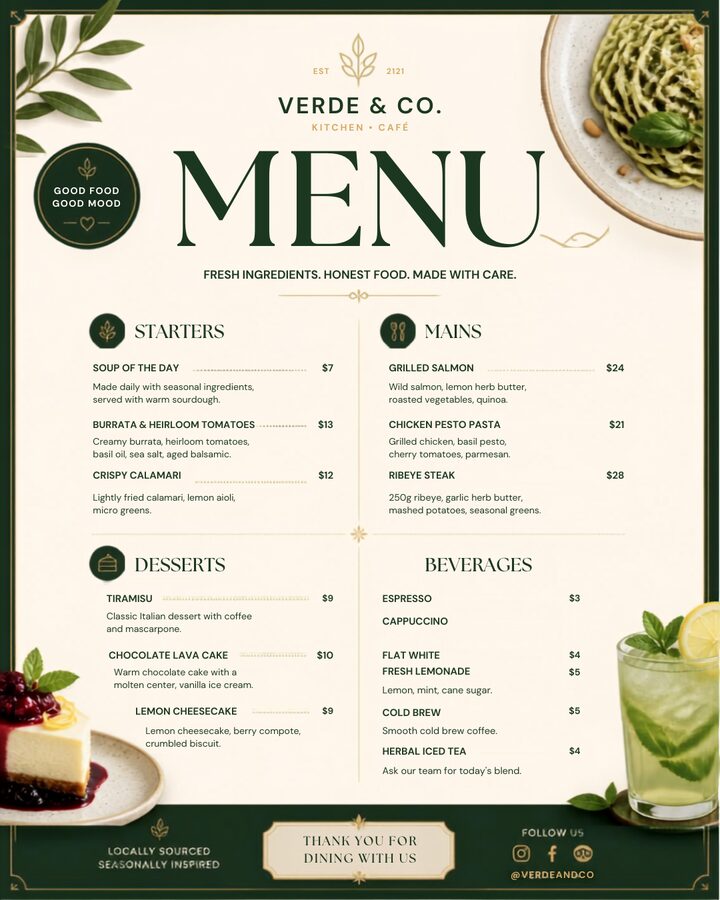 AN Creative World restaurant menu design for Verde and Co
